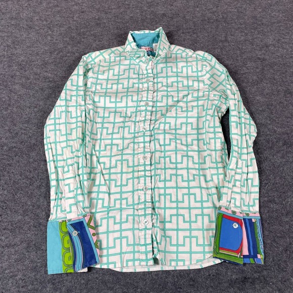 Tizzie‎ Top Womens Small Green Button Up Shirt Cotton Blend Abstract Colorful - Picture 1 of 11